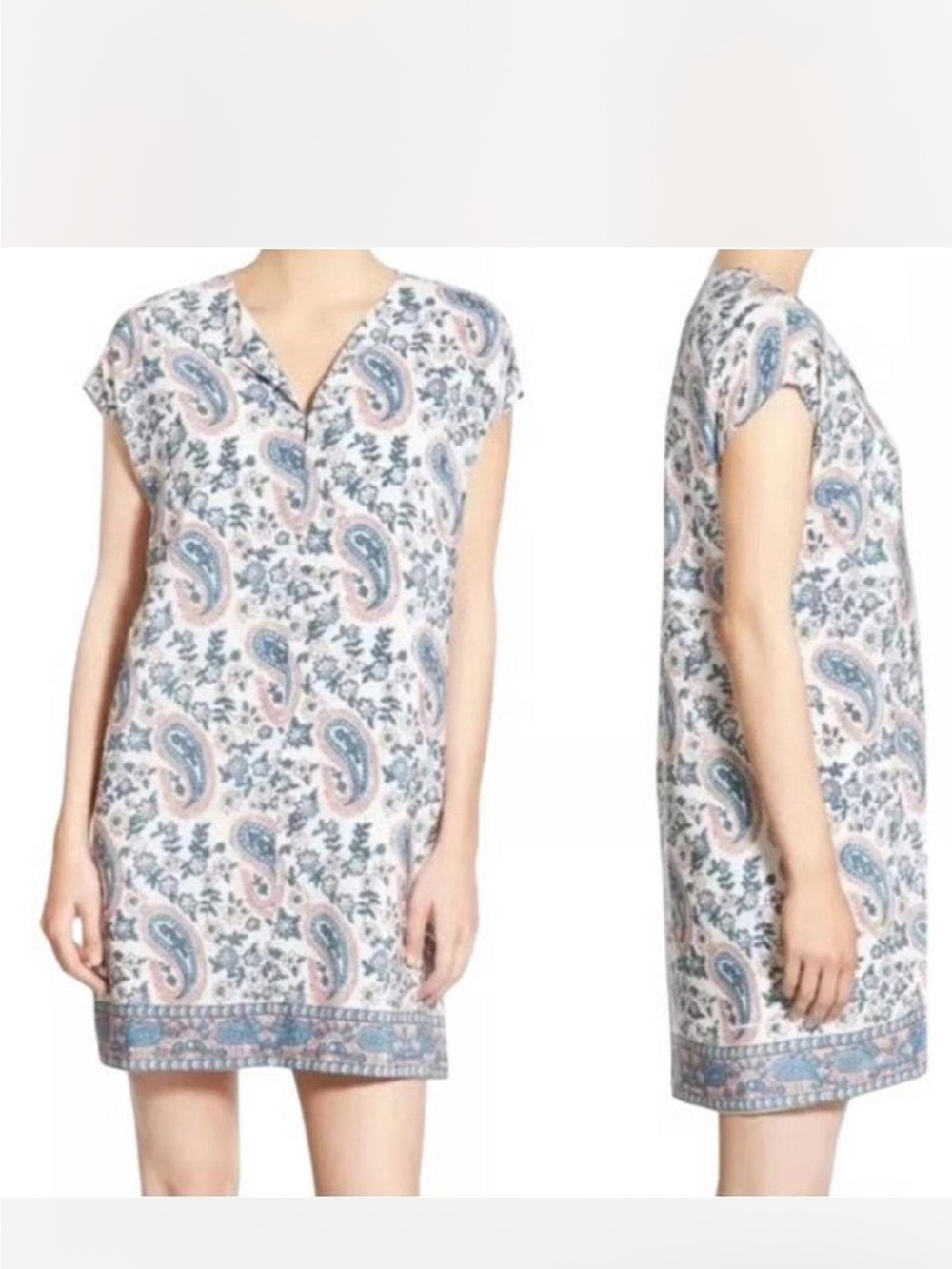 Madewell Blue & Blush Paisley Silk V-Neck Dress- coastal Lagenlook